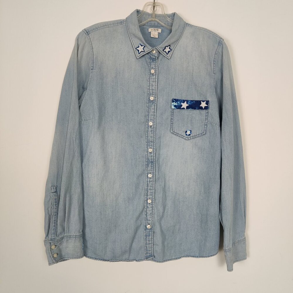 J. Crew Women's Shirt Size L Blue White Stars Cotton Patchwork Western Cowgirl